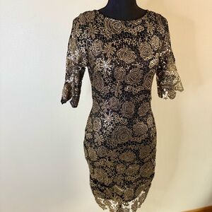Black & Gold Lace Cocktail Dress | Spring Wedding Guest Party Formal Small
